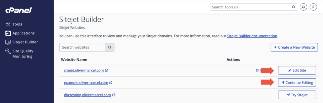 screenshot of arrows pointing at the various edit site button options on the Sitejet Builder page